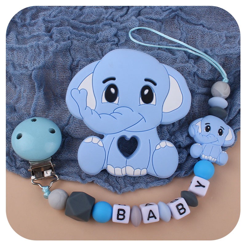 Customized Name Newborn Infant Baby Pacifier Clips Chain Elephant Silicone Beads Toy Teether Toy Doll Baby Holder Pacifier Chain