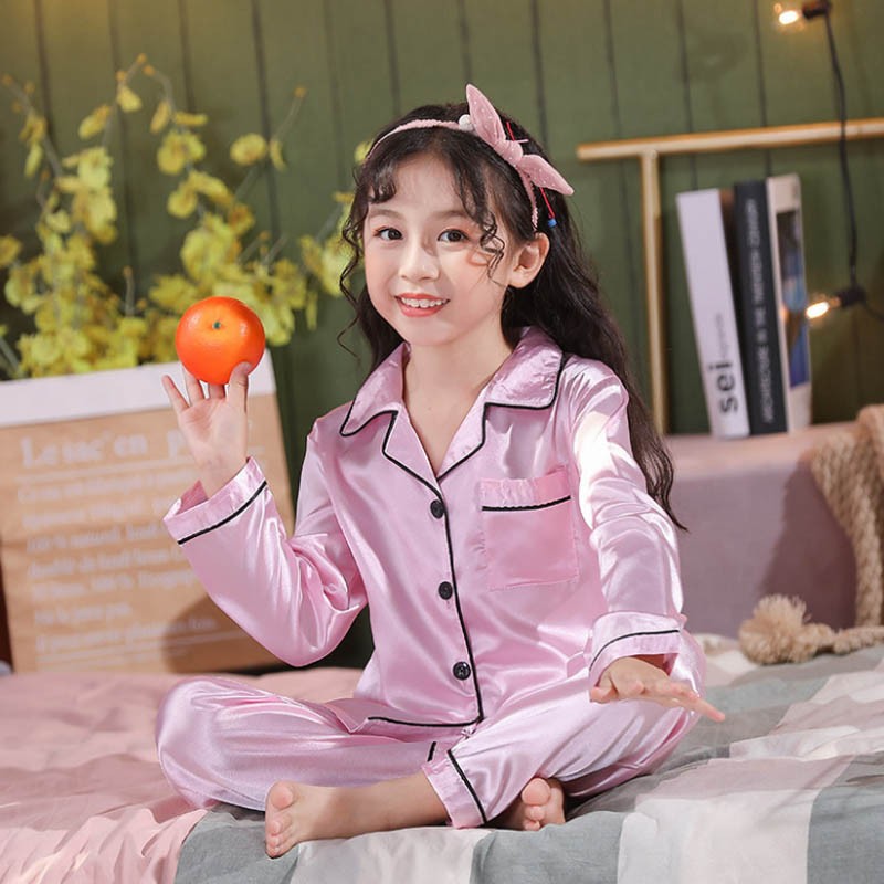 Silk Pajamas for Girls Boy Pajama Sets Summer Autumn Satin Long Sleeve Fashion Gray Pajama Toddler Kid Pajama Sleepwear Suit 3-14Y