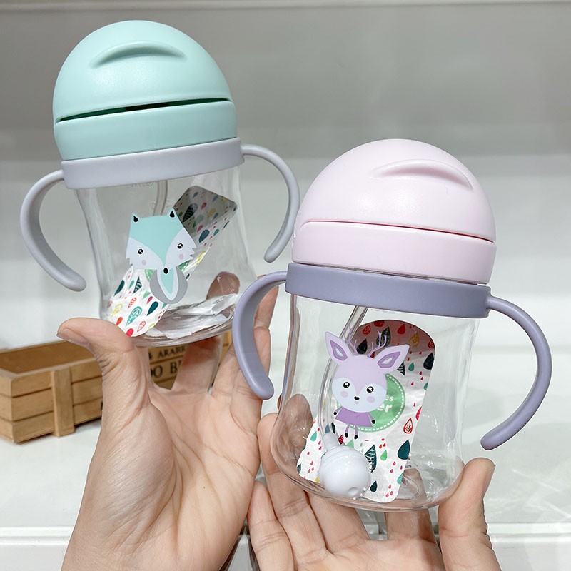 250ml Cartoon Style Outdoor Baby Drinking Bottle With Straw Baby Feeding Cup For Kids Training Portable Handle Water Bottle