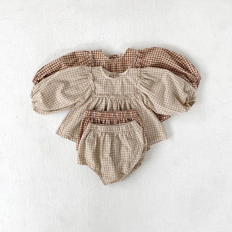 Baby girls clothes set summer spring plaid infant girls clothes set puff sleeve blouse and bloomer 2pcs baby girls suit