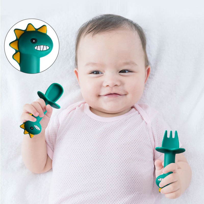 Baby Learn Spoon Fork Set Short Handle Easy Spoon Soft Silicone Utensil Toy Teether Feeding Tableware Dinosaur Spoon Tableware