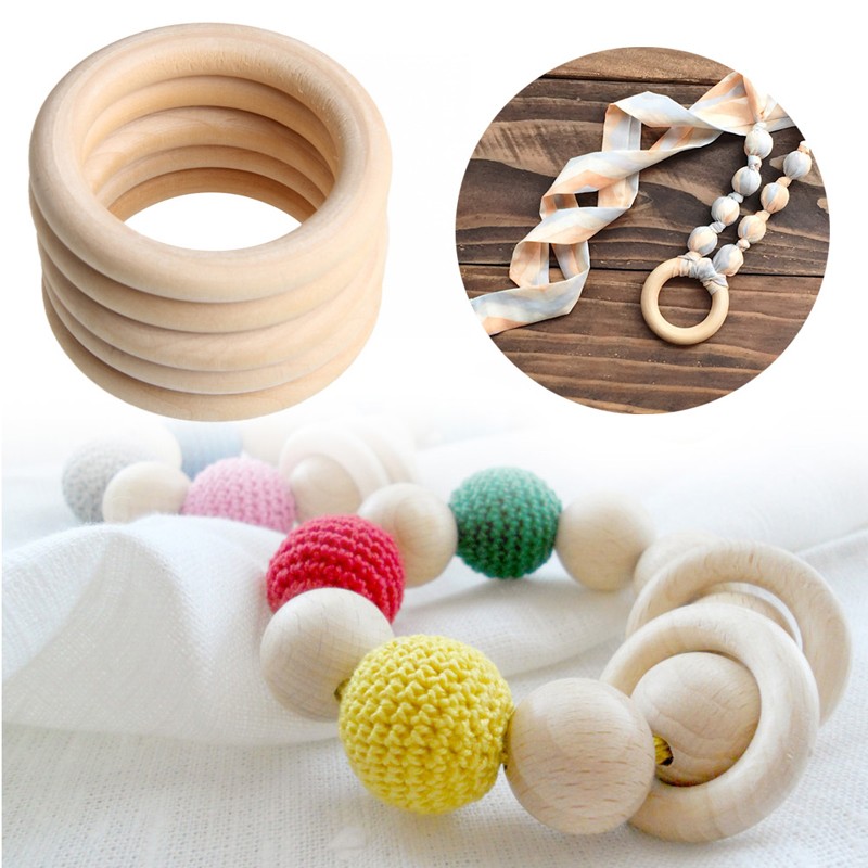 5pcs 70mm Baby Wooden Teething Rings Necklace Bracelet DIY Crafts Natural New 95AE