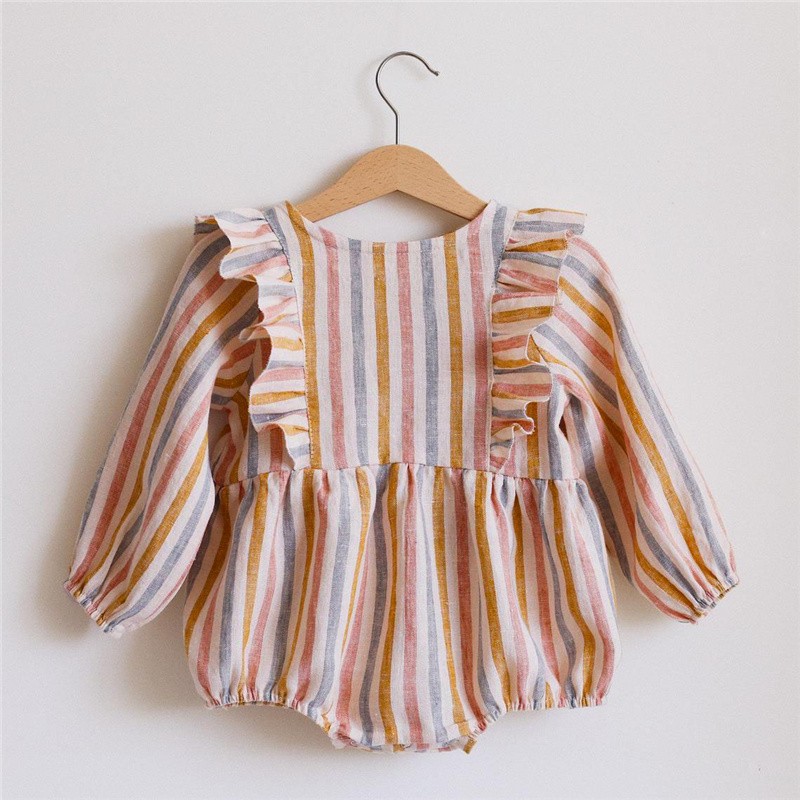 Summer Newborn Baby Girls Romper Striped Linen Long Sleeve Cotton Newborn Girls Clothes Spring Baby Girl Clothes 0-2 Years