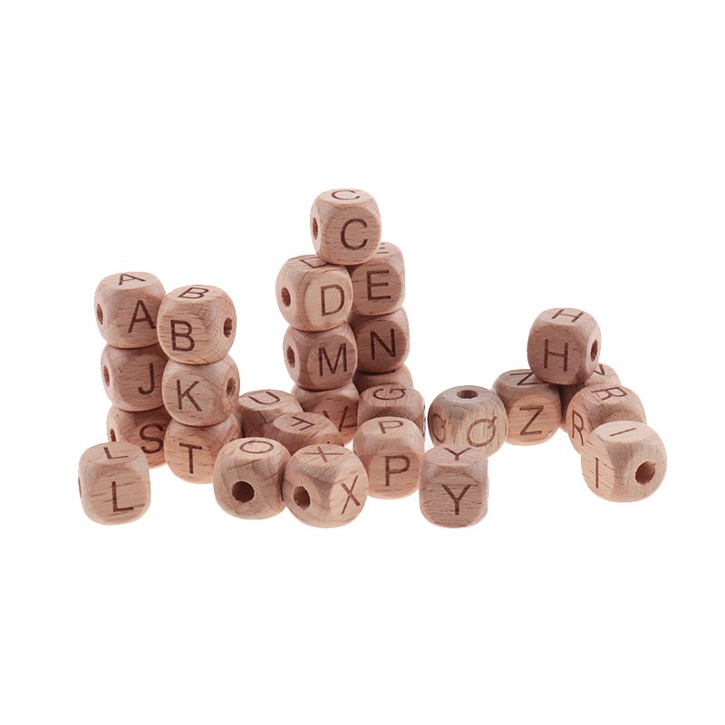 100pcs Baby Teething Beads 12mm Letter Beech Beads Pacifier Chain Letters Wooden Pacifier Toys Personalized Newborn Gifts