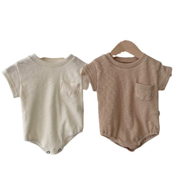 2022 Summer New Toddler Baby Boy Girl Cotton Solid Short Sleeve Bodysuit Toddler Kid Soft Pocket Decorationbodysuits 6M-3T