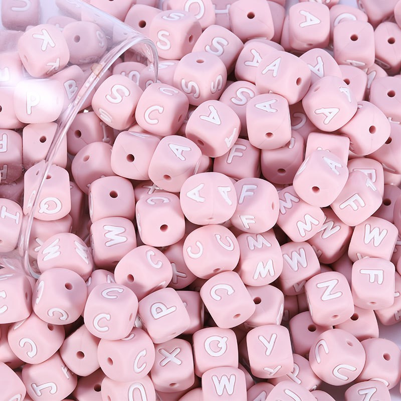 Kisstether 100pcs Silicone Teether Baby Toys Chew Pendant Decoration DIY Food Grade Silicone Letter Beads Pink Silicone Beads