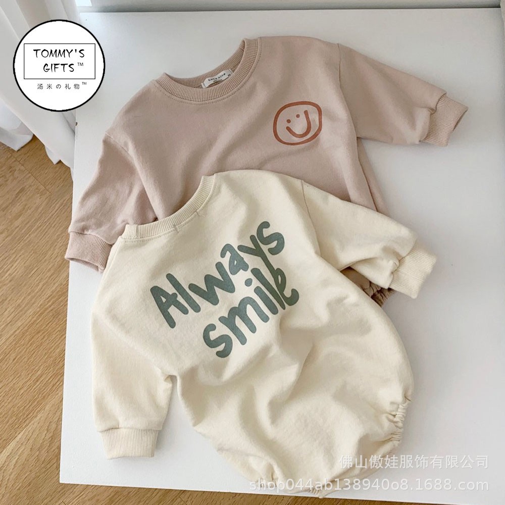 2021 New Baby Cotton Bib Simple Smiley Print Boys Clothes Infant Girl Long Sleeve Loose Jumpsuit Newborn Autumn Clothes