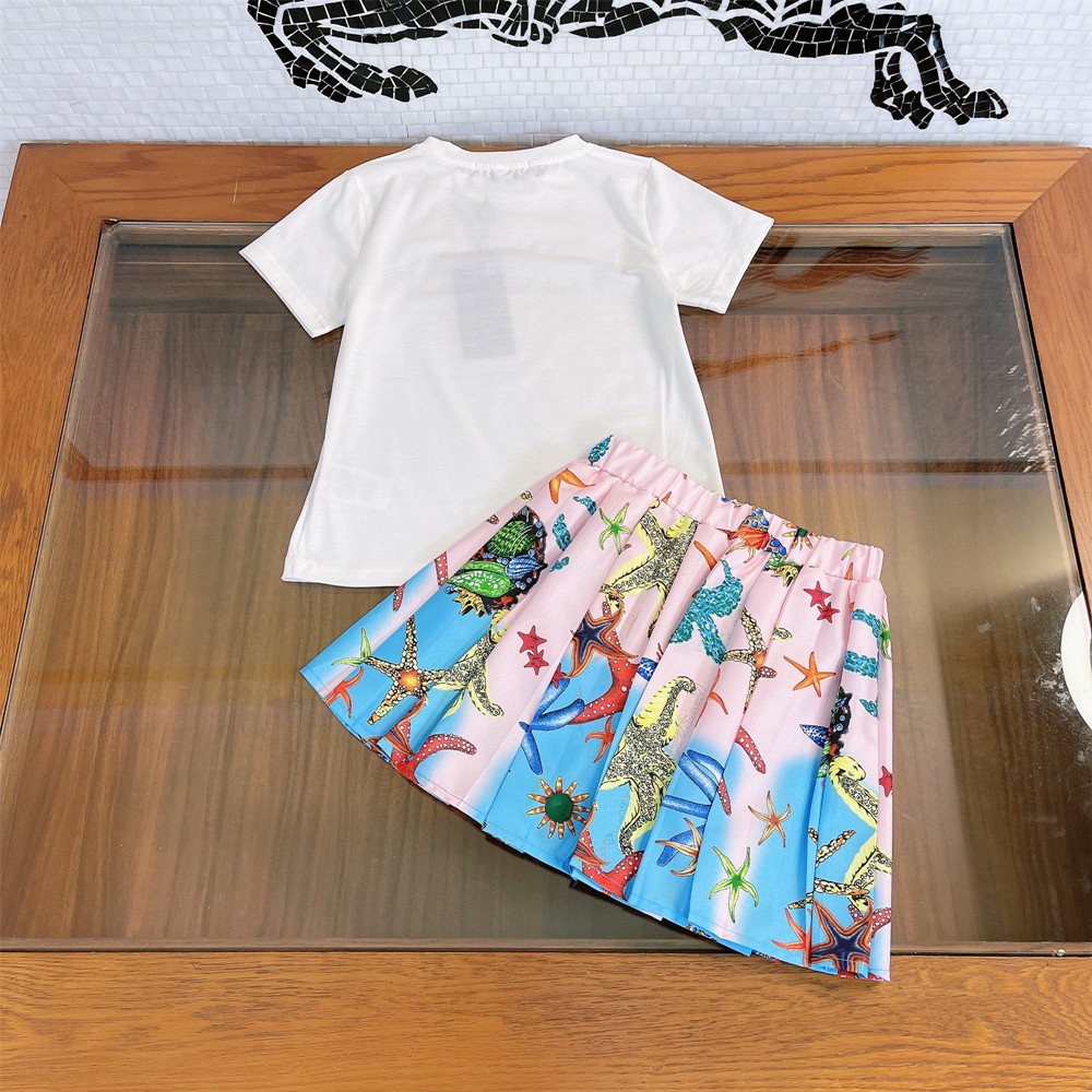 Designer Kids Girls Short Sleeve T-shirt + Starfish Print Pleated Skirt 2 Pieces Set Fluffy Kids Summer Clothes