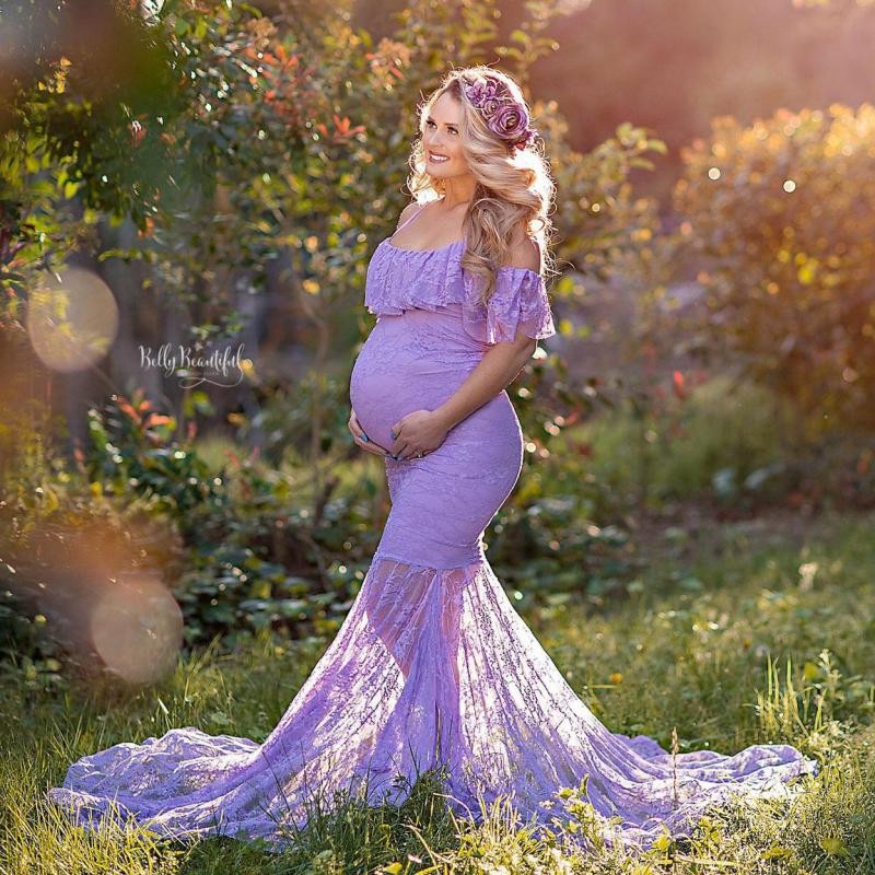 Elegant Maternity Dress Photography Maxi Maternity Dress Women Off Shoulder Spaghetti Strap Ruffles Mermaid Lace Gown Clothes