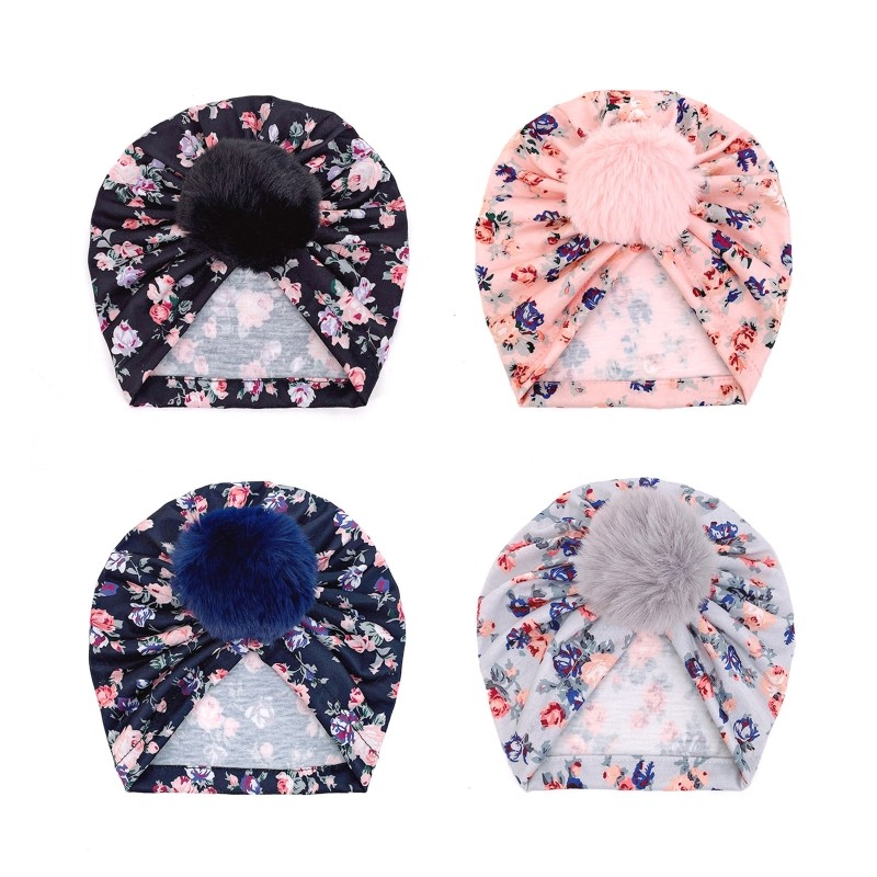 Cute Faux Fur Ball Baby Kids Turban Hat Floral Print Infant Headdress