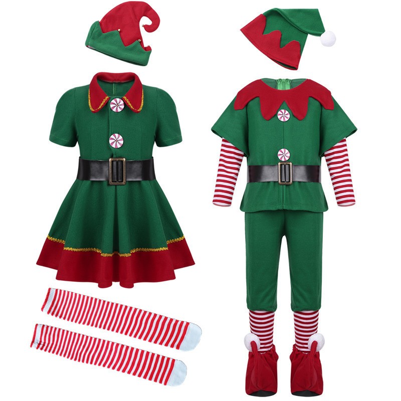 Family Matching Mother Dad Green Elf Christmas Costume Festival Santa Boys Suit New Year Kids Clothes for Girls Christmas Party Dress