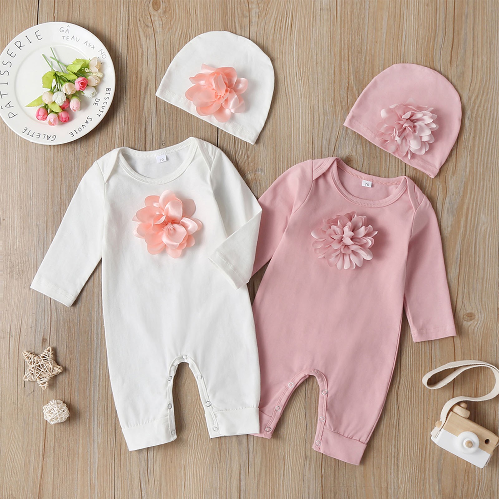 Newborn Baby Long Sleeve Romper 3D Floral Baby Onesie Jumpsuit Newborn Baby Clothes Set Hat Clothes Set