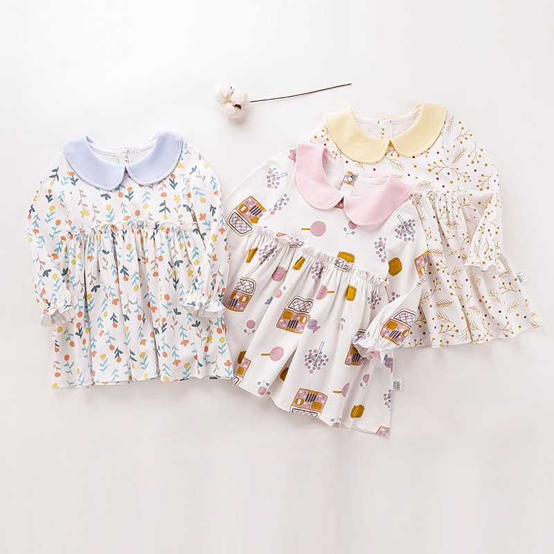 Baby Girls Spring Autumn Flower Printed Dresses Turn-down Collar Dress for Kids Children