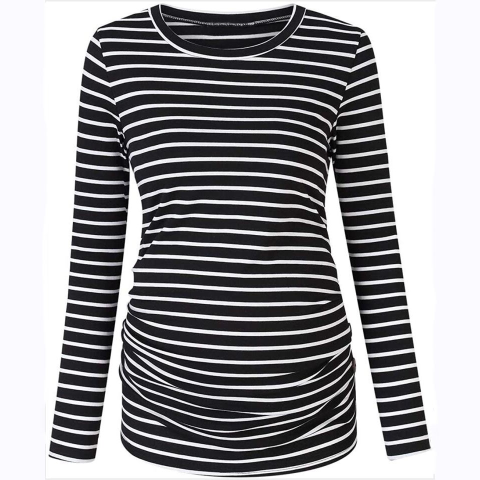 Maternity Pregnant Mother Striped T-shirt Long Sleeve Nursing Clothes Autumn Simple Fashion Round Neck Tops Breastfeeding Clothes