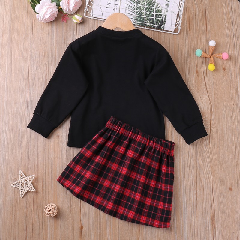 2022 New Autumn Casual Long-sleeved Suit Top Plaid Skirt 2pcs Kids Girls Clothing Sets Children Valentine's Day