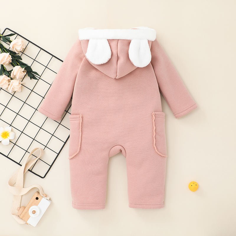 Baby Thicken Romper with Pockets Girls Long Sleeve Button-up Hooded Jumpsuit Baby Girl Boy Autumn Rompers