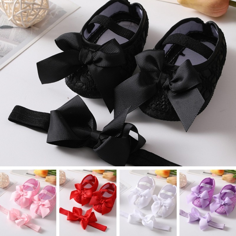 Newborn Girls Shoes First Walkers Princess Bowknot Baby Shoes Soft Sole Non-slip Infant Crib Shoes+Hair Band