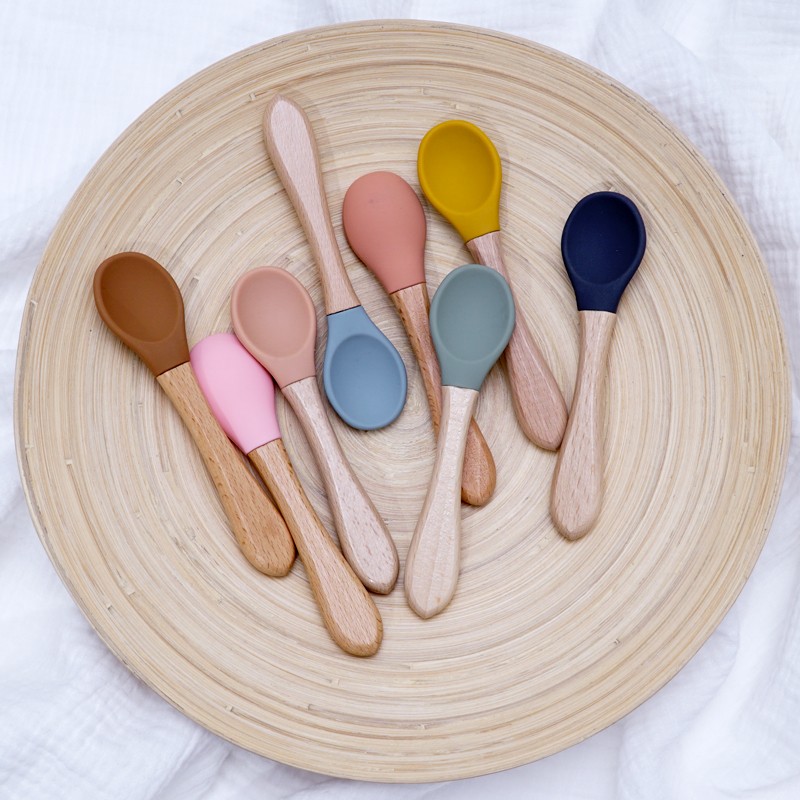 Wooden Feeding Handle Silicone Spoon For Baby Utensils Eat Soild Food Kids Training Ability Manipulation Children's Tableware