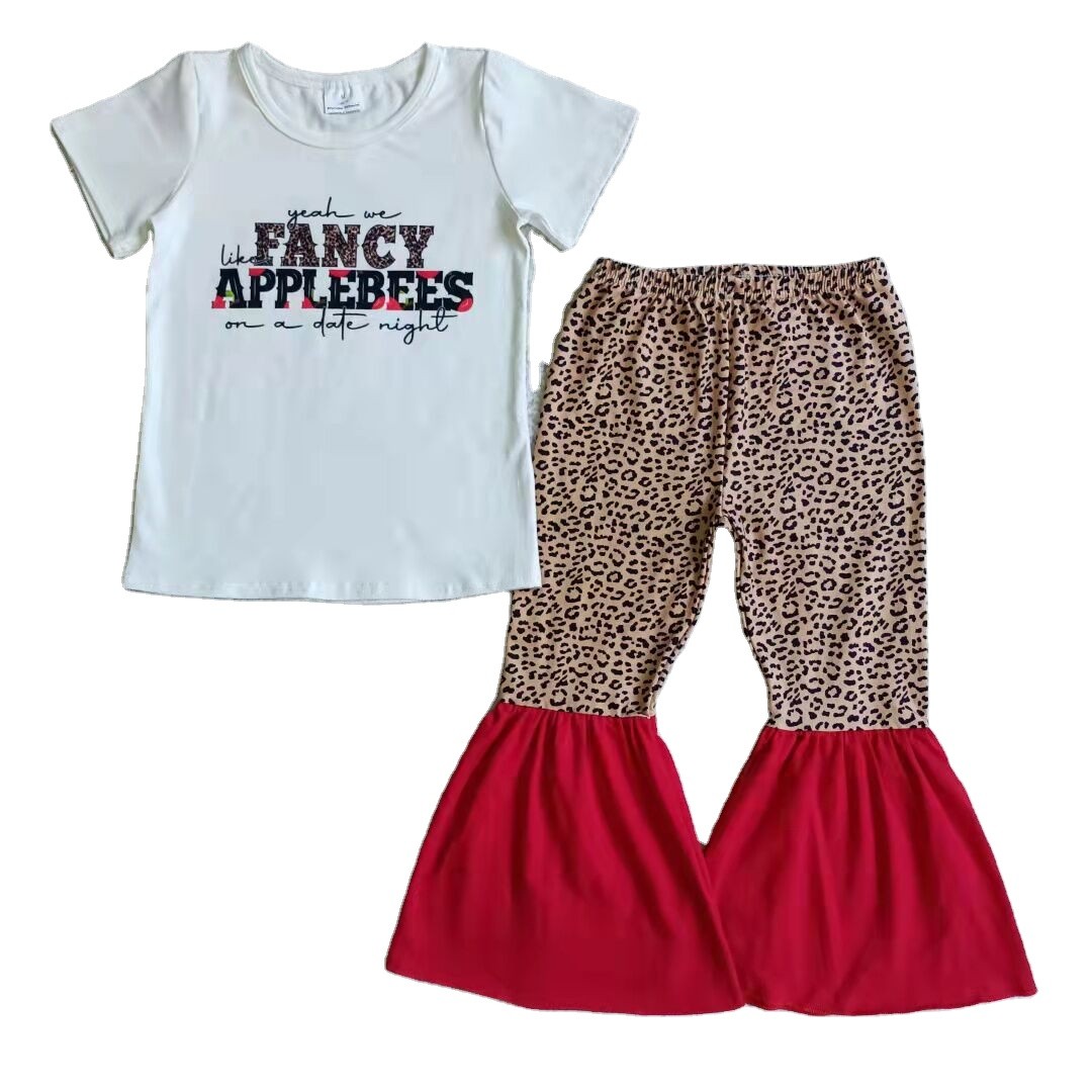 Hot Sale Girl Letter White T-shirt Short Sleeve Leopard Print Bell Pants Red Bottom Cool Kids Clothes 2pcs