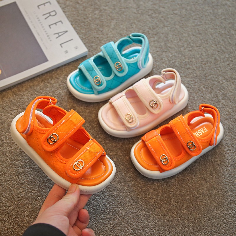 Children Sandals Chunky Cotton Fabric Summer Candy Color Hook Loop Boys Girls Sliders Beach Soft Comfy 26-36 Daily Kids Flats