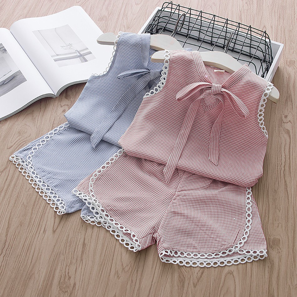 Kids Girl Plaid 2 Pieces Clothing Sets 2022 New Summer Fashion Lattice Bowknot Suits White Sealing Children Clothes Outfit