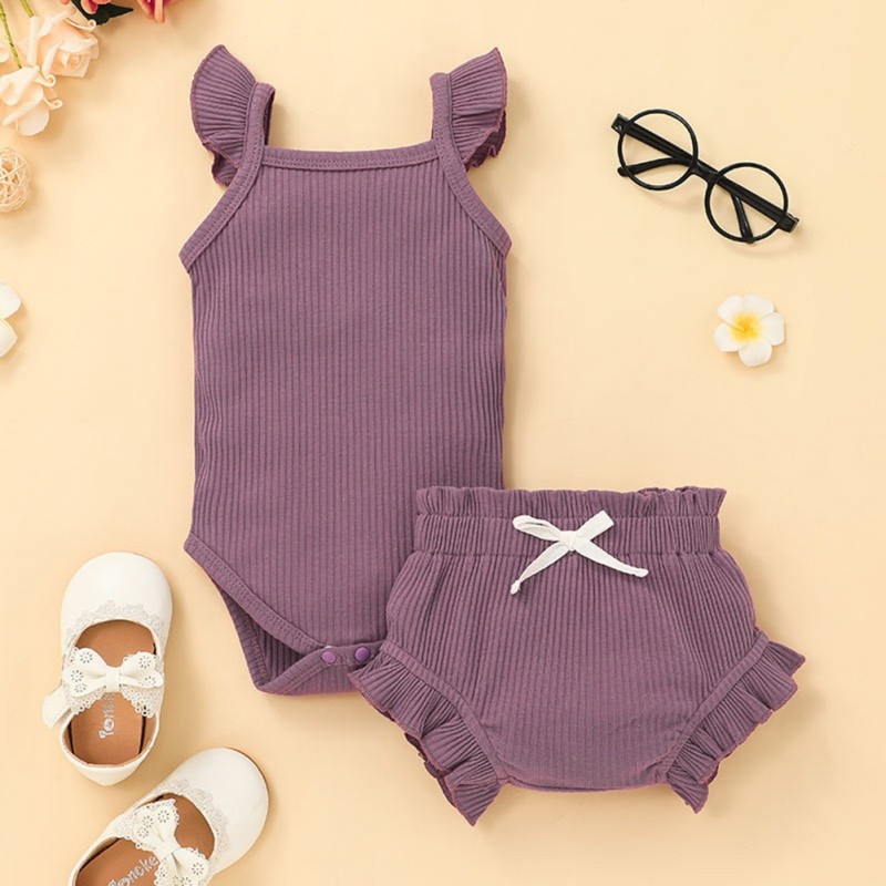 Summer Newborn Infant Baby Girls Ribbed Romper Triangle Pants Solid Color Baby Sets Toddler Outfits 0-18 Months For Baby