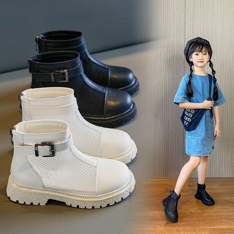 Girls Martin boots 2022 children's spring and summer new thin mesh hollow short boots kids fashion British style black breathable