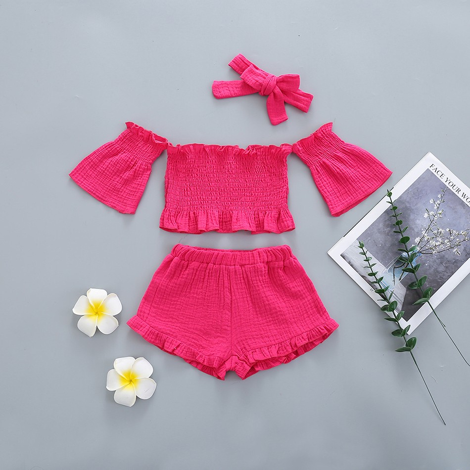 Infant Girls Clothes Baby Girl Toddler Off Shoulder Short Sleeve Tops Belt Pants Headband Outfit Sunsuit Kids Clothes Set 1-5y