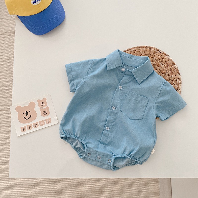 Summer 2022 Infant Boys Short Sleeve Bowtie Lapel Collar Gentleman Birthday Party Baby Bodysuits Rompers Toddler Outfits