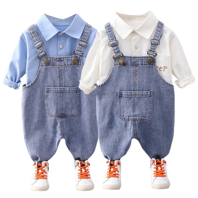 summer baby long sleeve denim shirt straps shorts casual suit boy clothing set children sets 1-4 years for baby