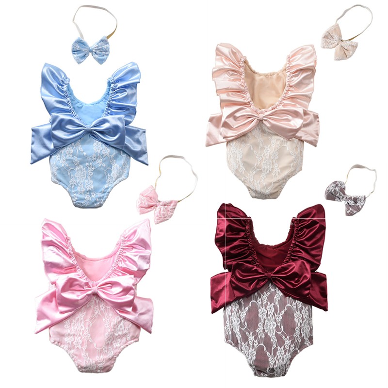 2022 Cute Ruffled Girls Swimwear With Bow Headband Kids Backless Bathing Suit Kids Beachwear