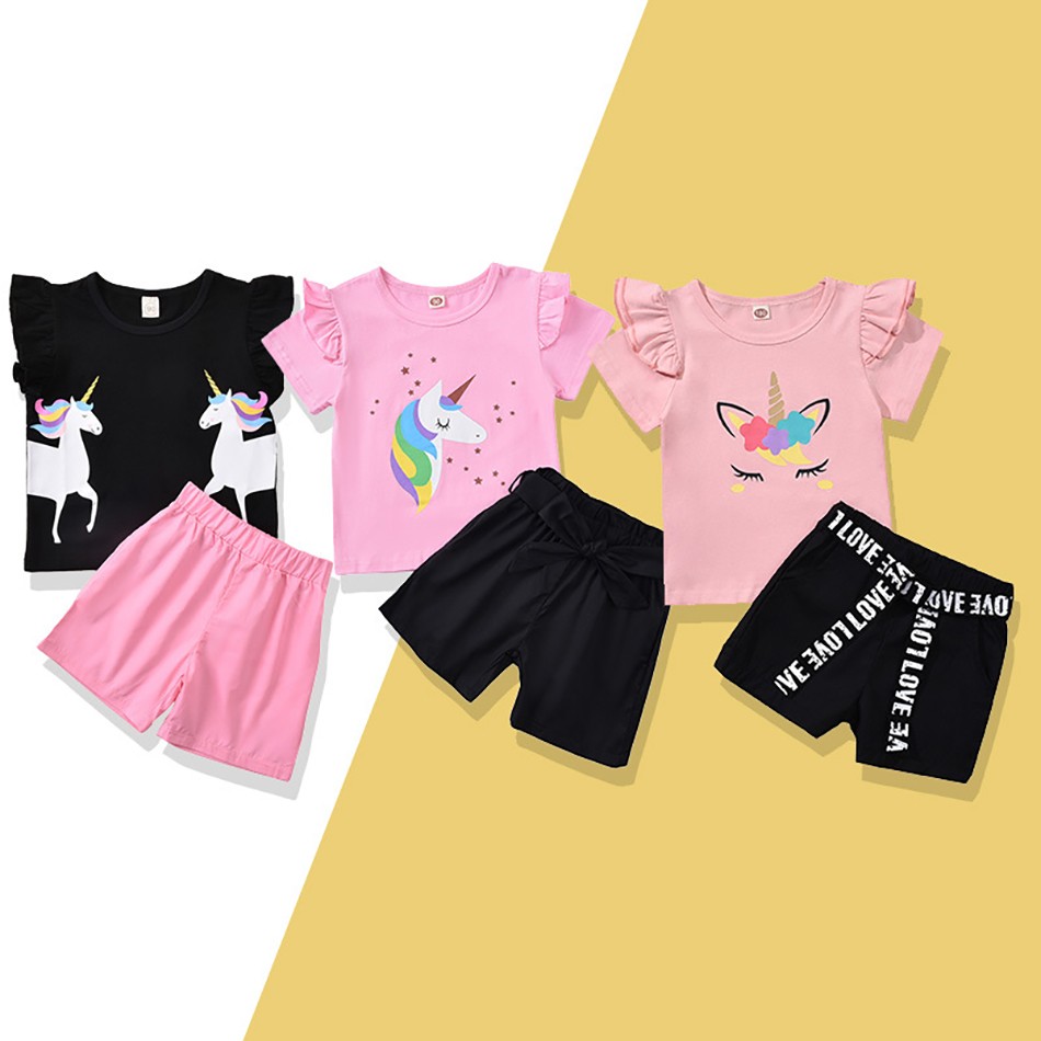 For 1-6 Years Girls Unicorn Outfit Clothes Summer Top Short Pants Kids Clothes 2pcs Baby Costume Children