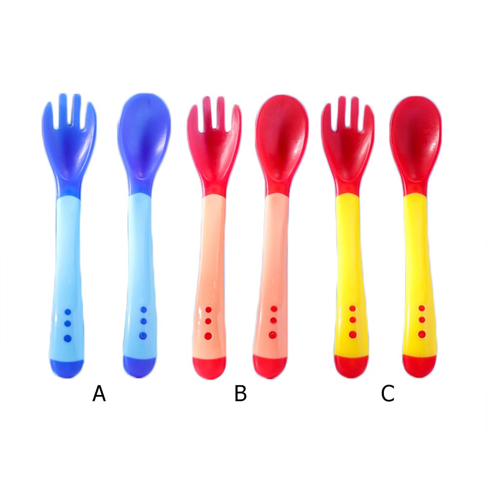 Children spoon and fork baby safety temperature sensor children feeding dishes kitchen spoons for kids