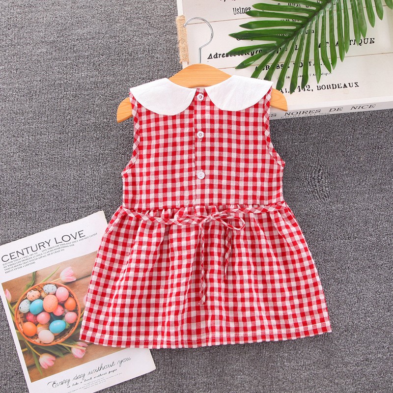 Summer Toddler Girls Sweet Dress 2021 New Casual Fashion Kids Plaid Skirt Baby Peter Pan Collar with Fruit Printed Clothing