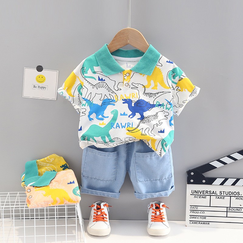 Baby Boy Kids Clothes Fashion Summer Lapel Cartoon Cute Short Sleeve Sports Shorts 2 Pieces Set 1 2 3 4 5 Years