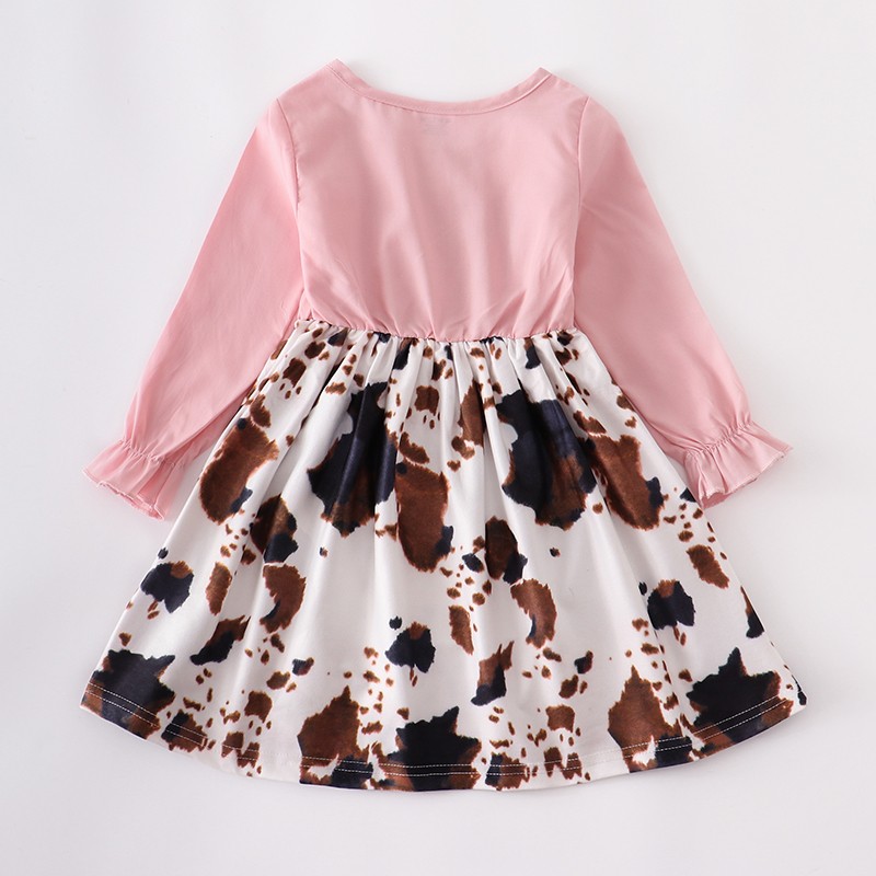 Girlymax Fall/Winter Baby Girls Children Clothing Pink Cow Print Denim Dress Milk Silk Boutique Long Sleeve Knee Length