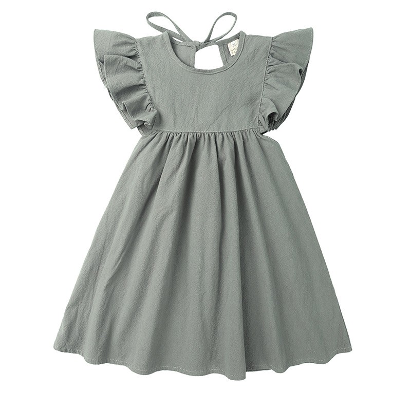 Solid White Girls Dress Ruffle Sleeve Kids Summer Clothes Baby Girls Linen Cotton Dresses A-line Casual O-neck Dress