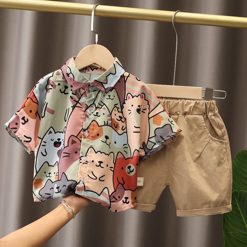 Summer Boy Sets Fashion Cartoon Graffiti Printing Unisex T-shirts and Pants 2pcs Children's Clothing Boys Casual Clothes Suits