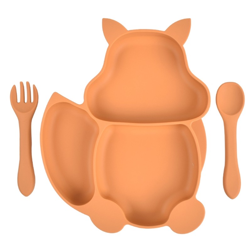 Baby Food Squirrel Silicone Baby Feeding Tray With Fork Spoon Set Dinnerware Training