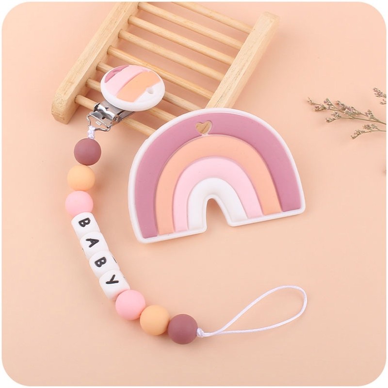 2pcs Baby Pacifier Chain Clip Rainbow Teether Set Newborn Nipple Dummy Clip Holder Silicone Teething Soother Molar Toys QX2D