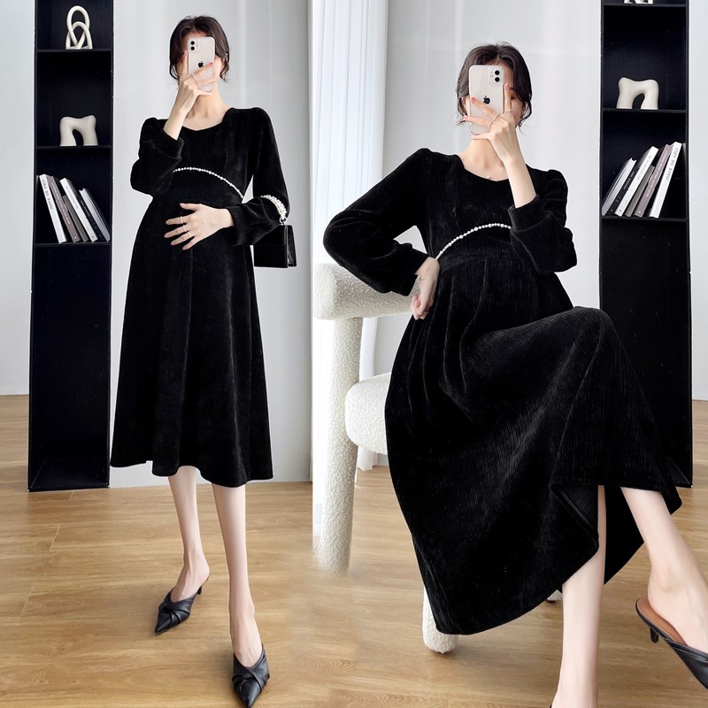 Spring Women Corduroy Pregnancy Women Dress Long Sleeve Maternity Long Dress Chic Ins Elegant A-Line Slim Clothes for Pregnant Women