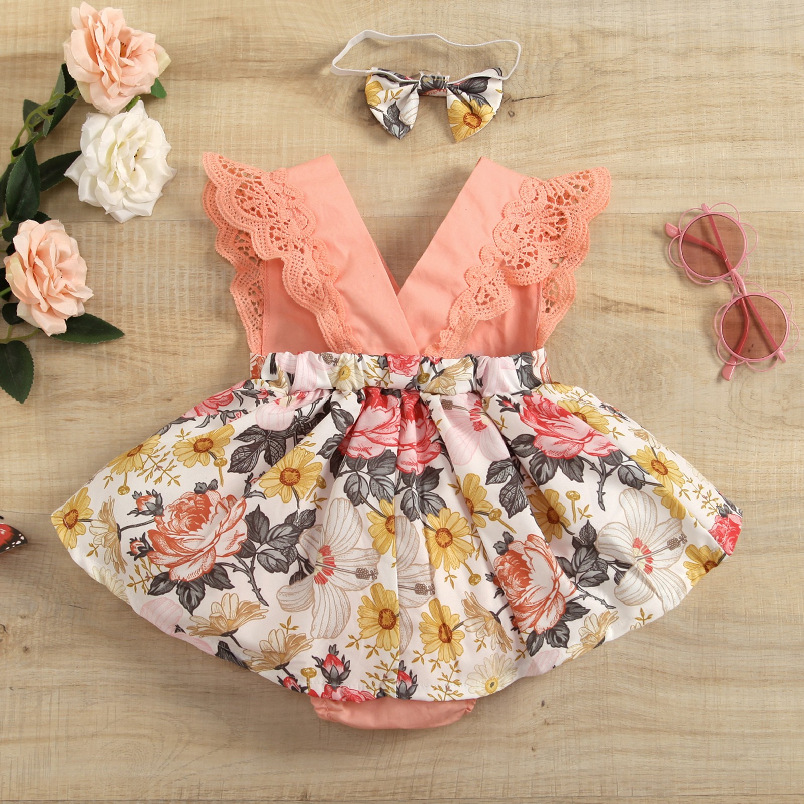 Ma & Baby 0-24M Newborn Infant Baby Girl Romper V-Neck Lace Floral Jumpsuit Playsuit Summer Clothes Overalls Costumes D01