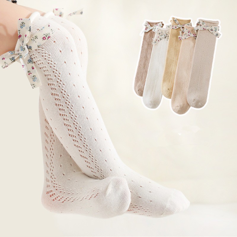 2pairs/lot Summer Kids Long Floral Bow Sock Knee High Thin Mesh Socks Hollow Out Soft Cotton Infant Sokin Baby Girls Socks