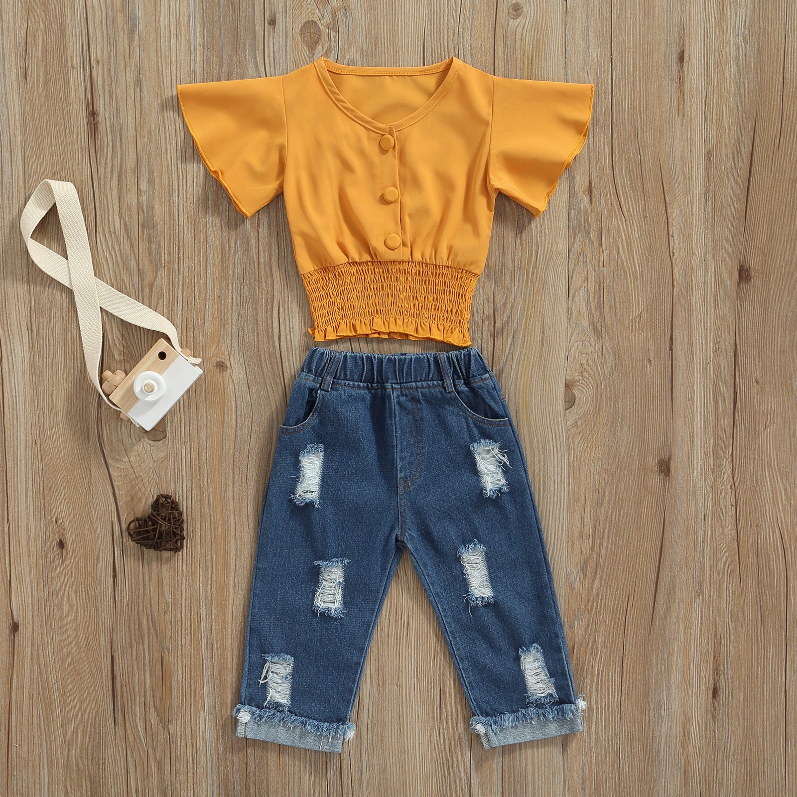 Ma & Baby 1-6Y Baby Boy Girls Clothes Set Ruffle Button V-Neck Denim Tops Pants Outfits Costumes D01