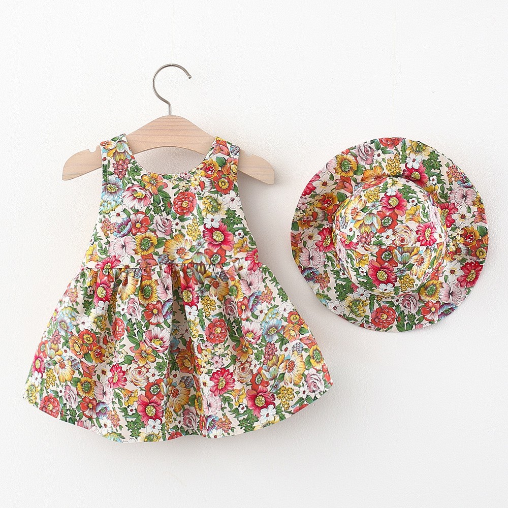 Baby Girls Dresses Vintage Floral Print Bow Princess Dress with Hat 2022 Summer Children 0-2 Years Kids Dress Girls Clothes