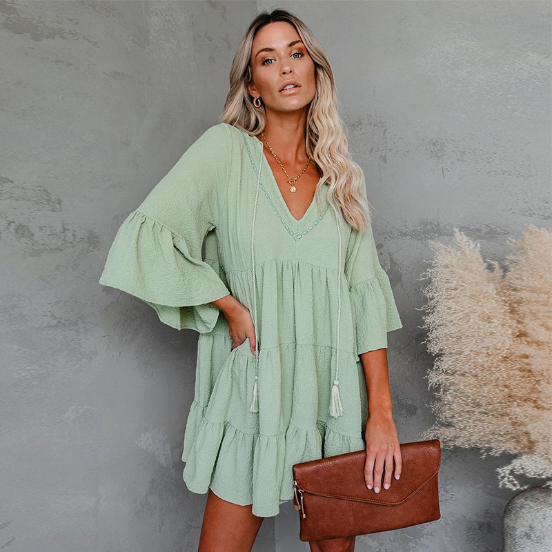 2022 Summer Clothes Pregnant Women Sweet Short Flare Sleeve V-neck High Waist Maternity Chiffon Dress Korean Style A-Line