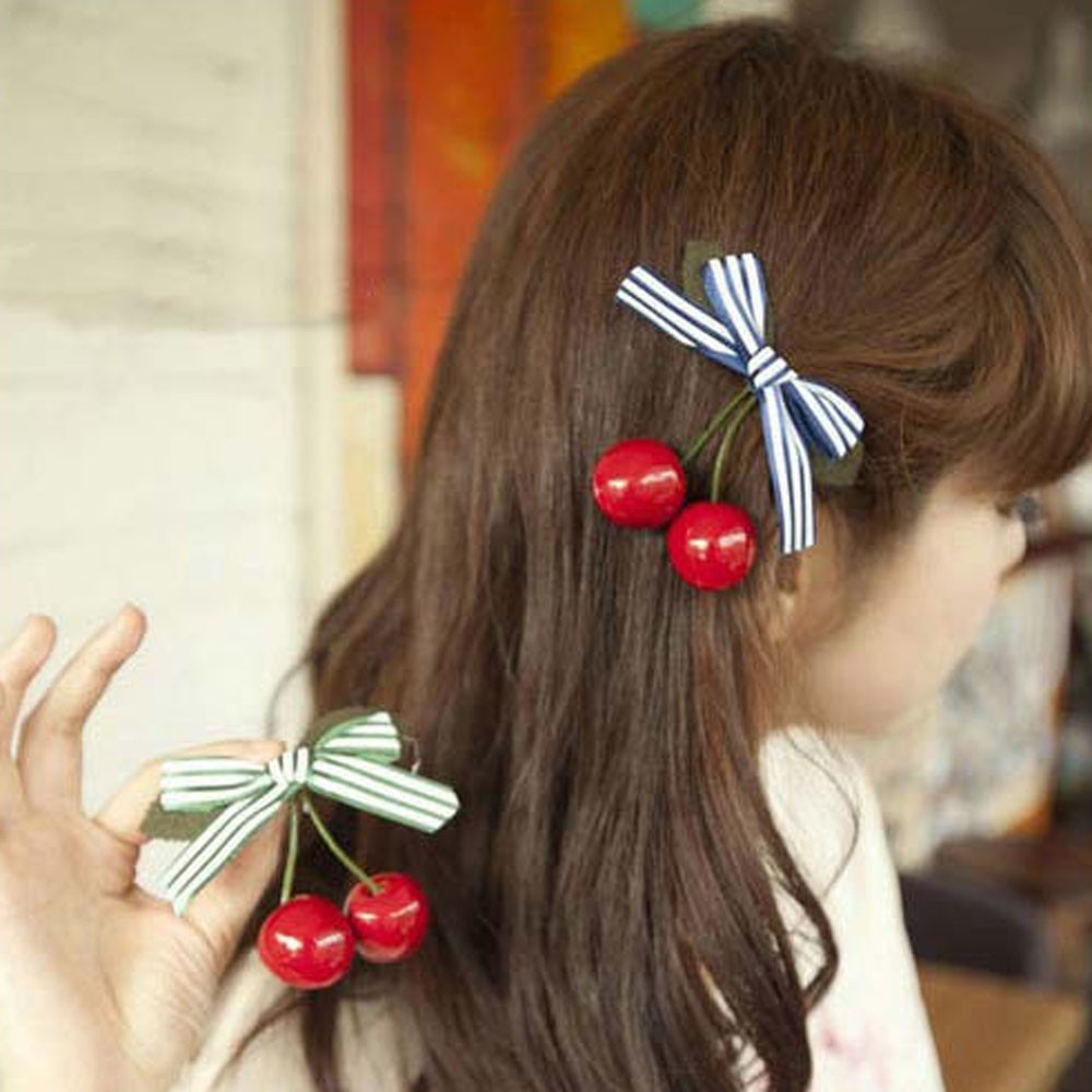 Baby Girl Cute Fruit Cherry Hair Clip Bar Lattice Dot Bow Barrettes Hairpin for Children Girls Handmade Fashion Kids Headwear