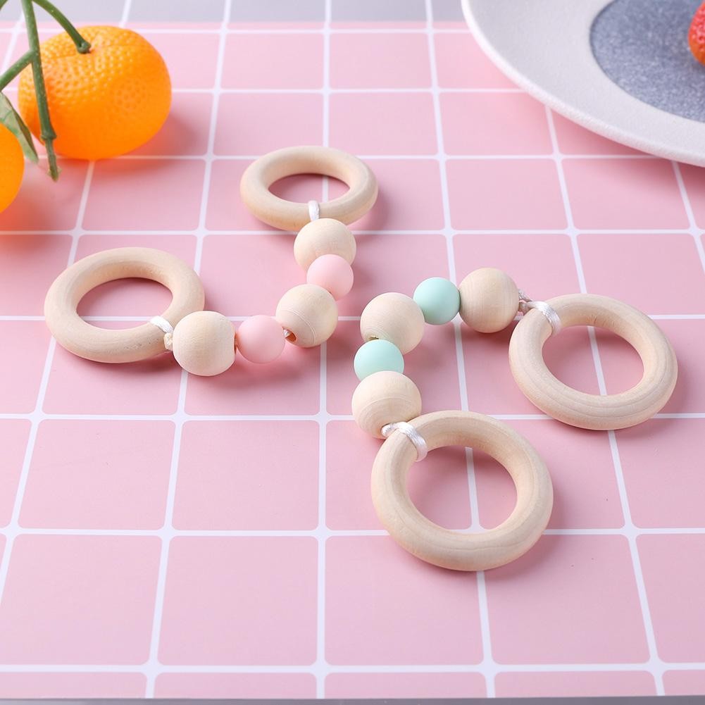 Wooden Baby Teether Ring Chain Newborn Infant Organic Wood Silicone Beads Nursing Teething Chew Toys Baby Teether Gift