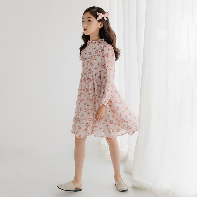 Long Sleeve Girls Dress 2022 Spring Summer New Korean Girls Dress Floral Chiffon Princess Dress Collage Style Kids Clothes