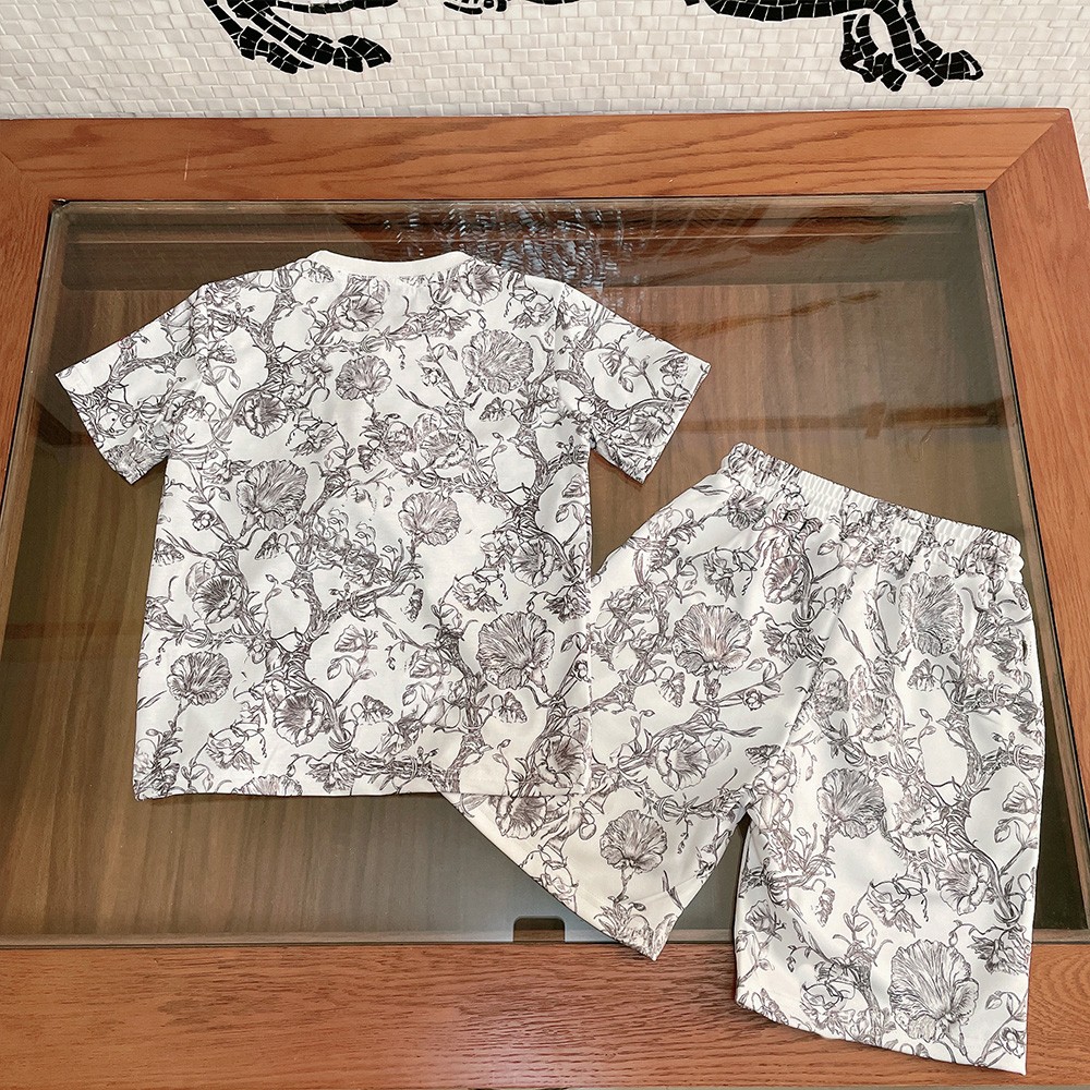 Boys Summer Floral Print Set Cotton Round Neck Short Sleeve T-shirt + Casual Shorts 2pcs Set High Quality